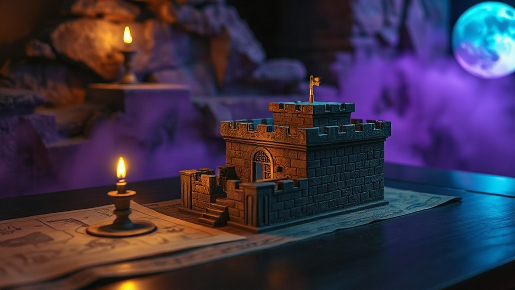 Miniature stone fortress lit by warm torchlight on a dark table