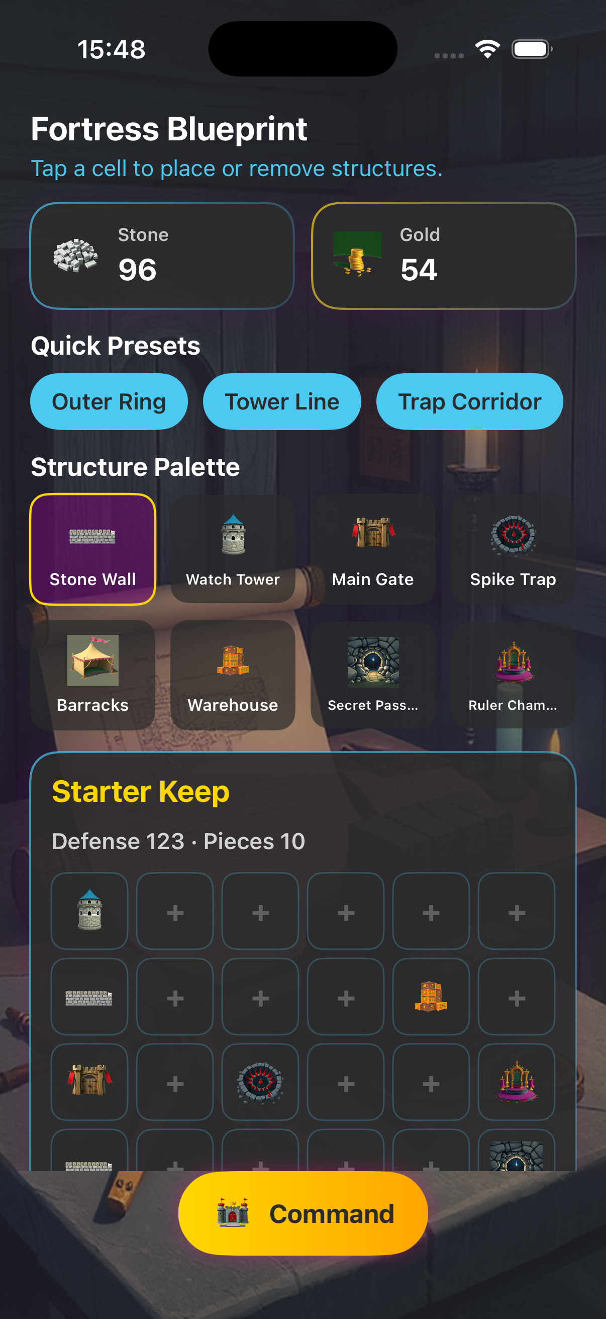 Fortress blueprint grid with structure palette